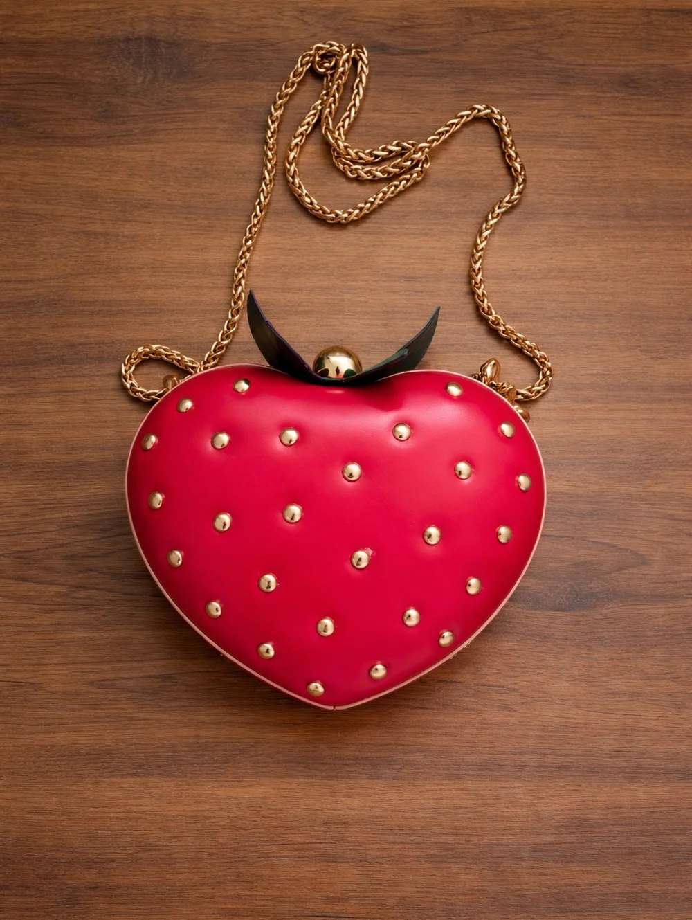 Red Strawberry Heart Mini Bag with Gold Studs - Picture 2 of 7